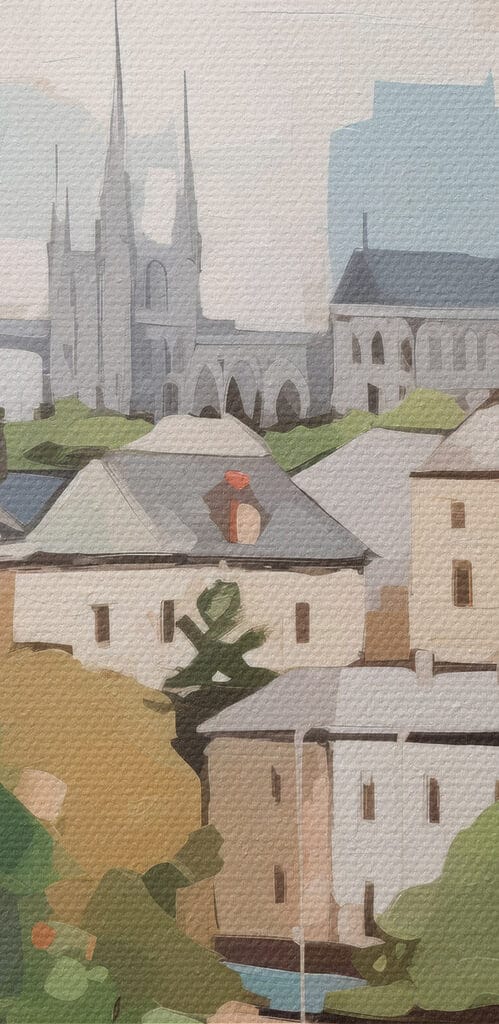 Painting of a city with trees and a river