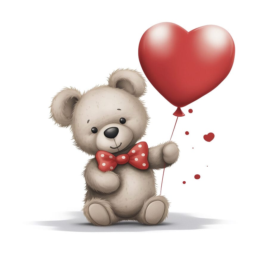 Ursuleț de pluș care ține un balon în formă de inimă