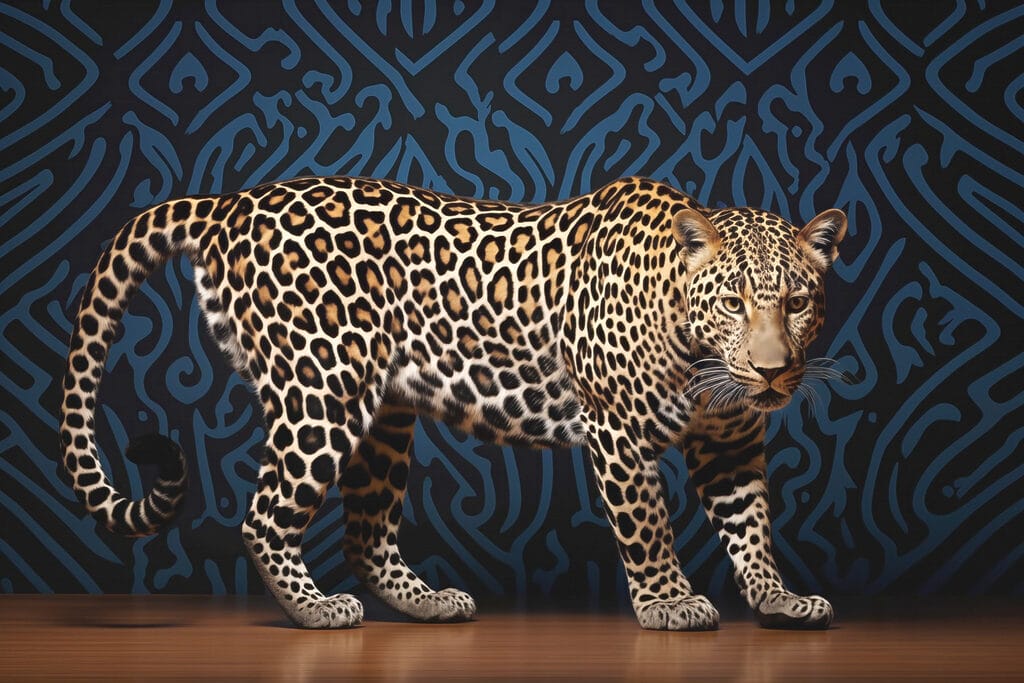 Leopard în picioare pe o podea de lemn Leopard în picioare pe o podea de lemn