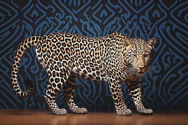 Leopard în picioare pe o podea de lemn Leopard în picioare pe o podea de lemn