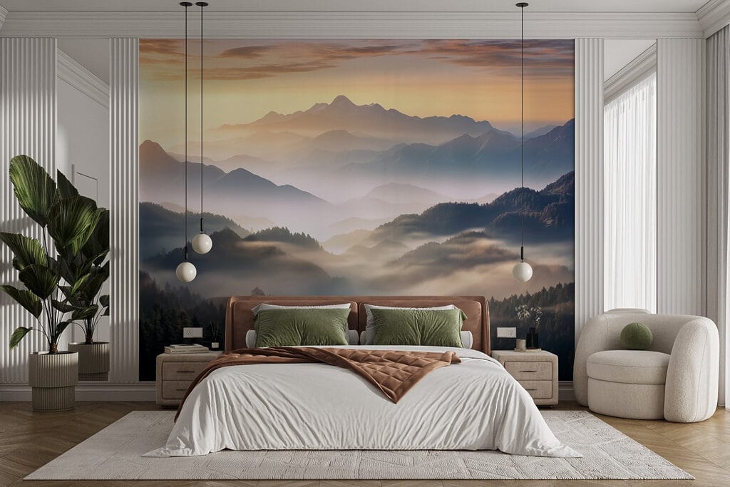 Landscape of mountains with fog and trees