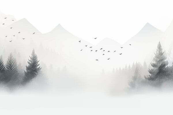 Păsări zburând peste o pădure cețoasă Păsări zburând peste o pădure cețoasă