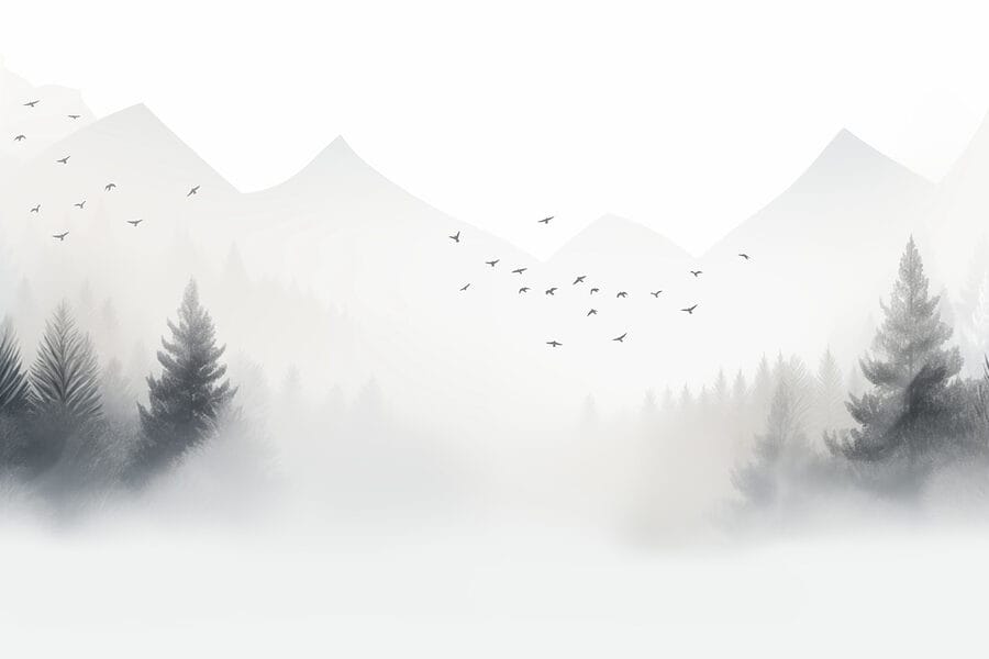 Păsări zburând peste o pădure cețoasă