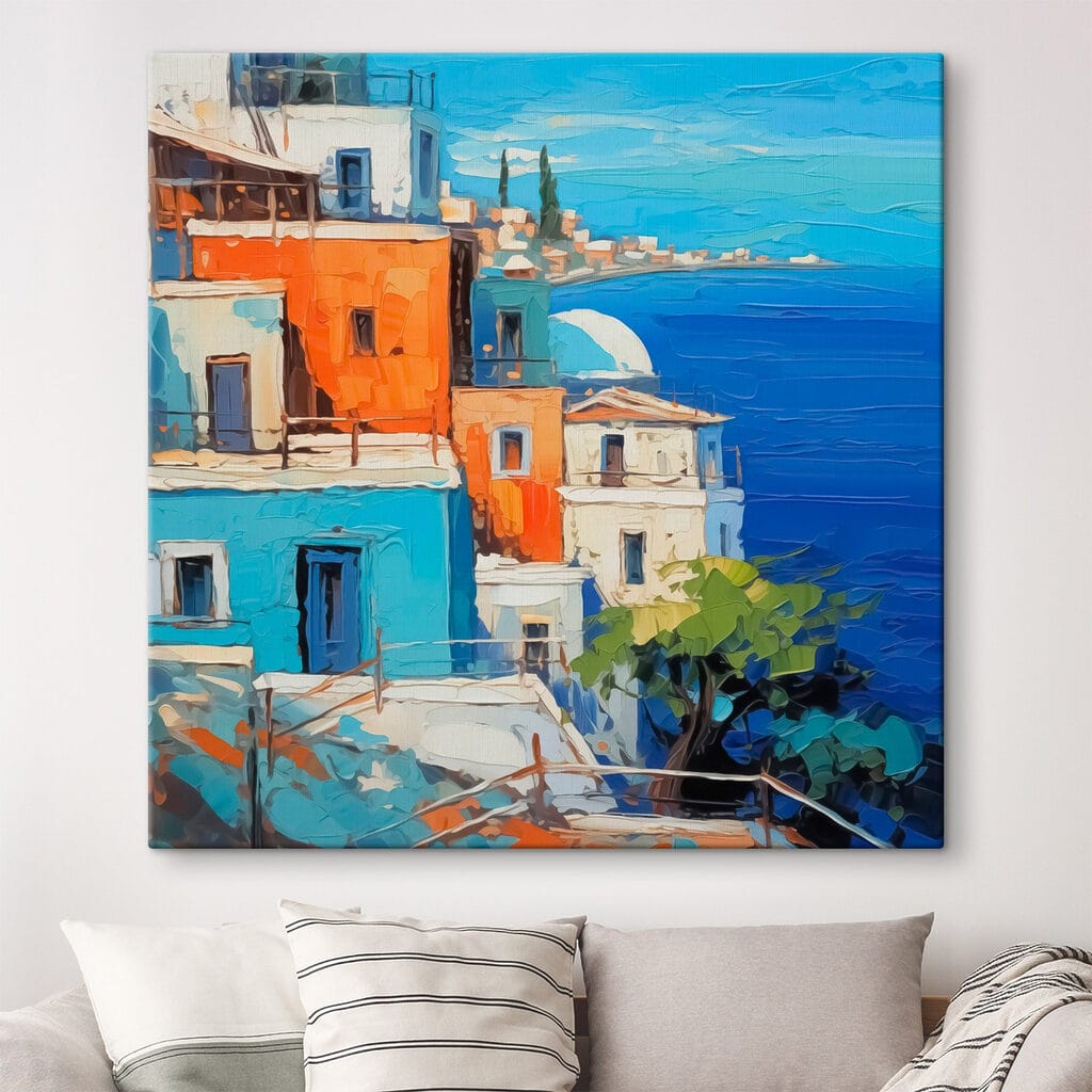 Painting of a city by the water Painting of a city by the water