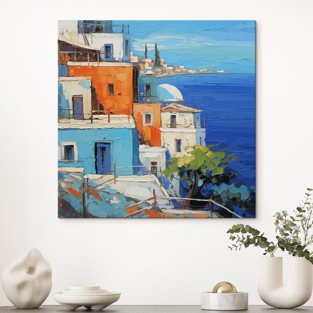 Painting of a city by the water Painting of a city by the water