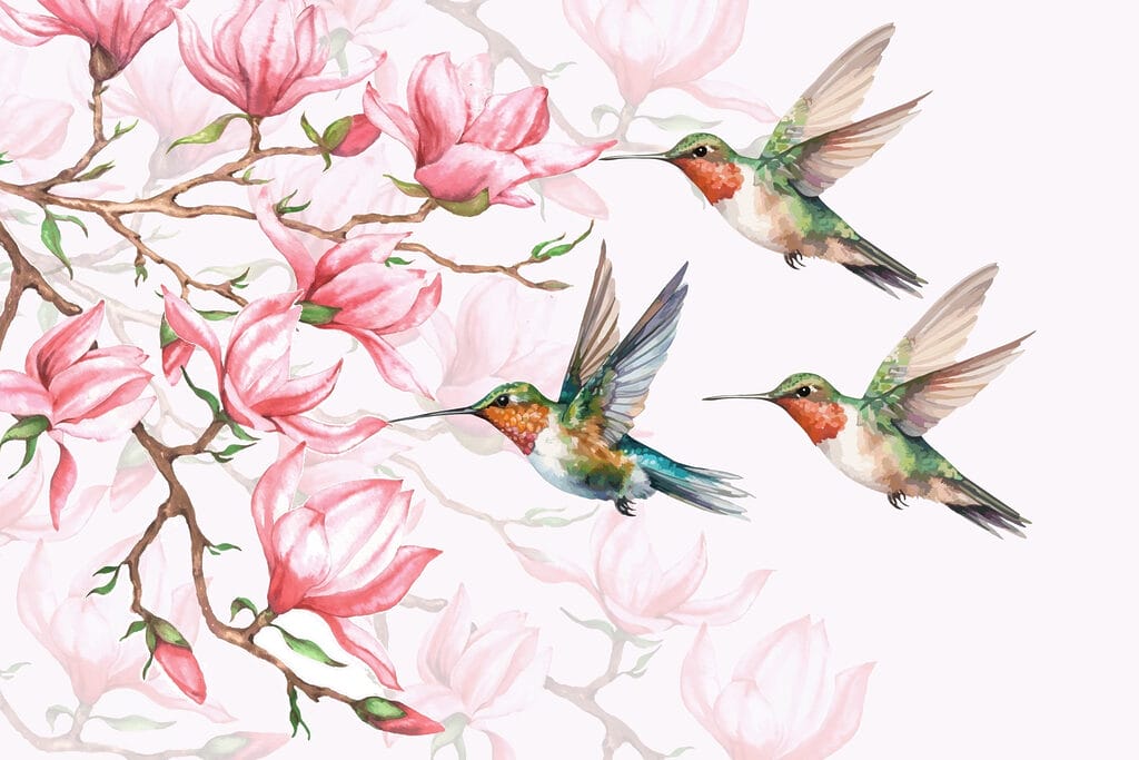 Grup de păsări colibri care zboară lângă flori Grup de păsări colibri care zboară lângă flori