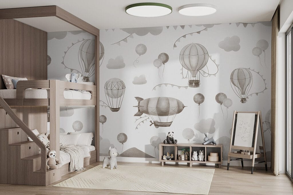 Pattern of hot air balloons and mountains