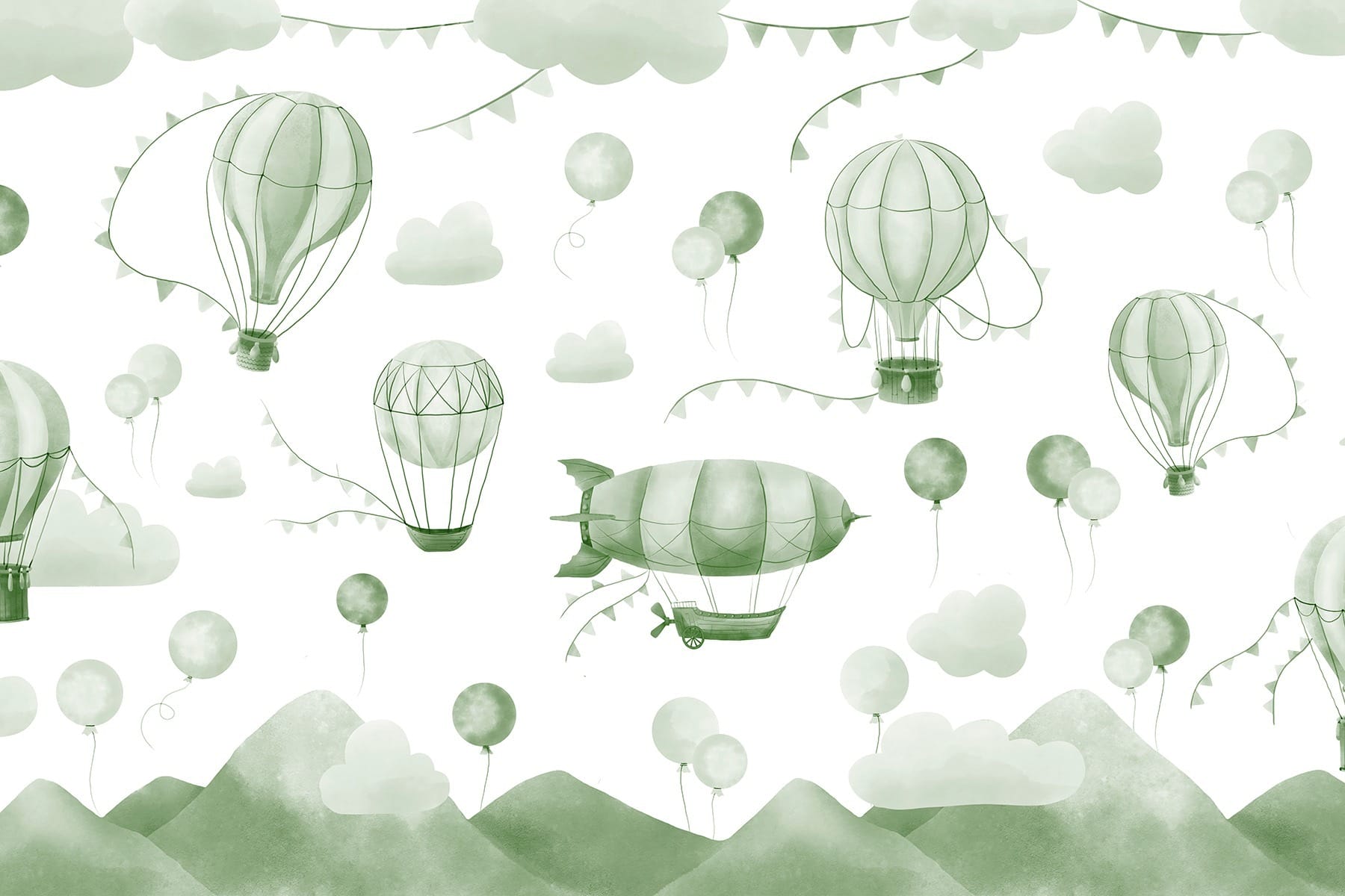 Green and white background with balloons and mountains