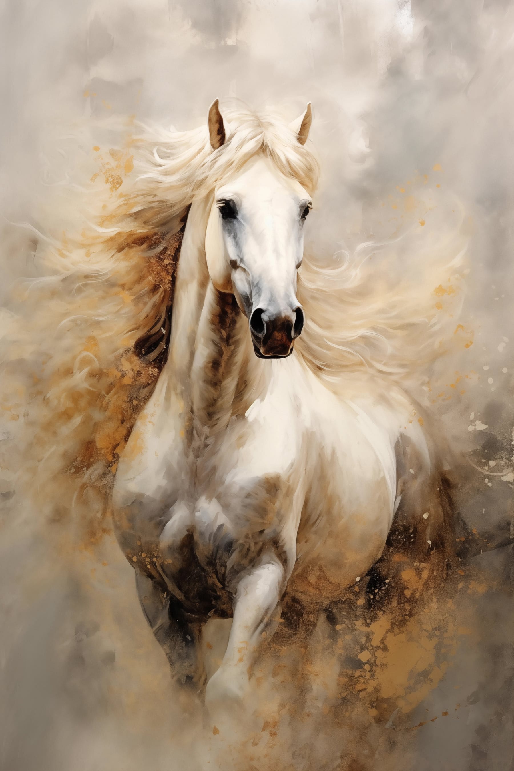 Painting of a white horse with a long mane