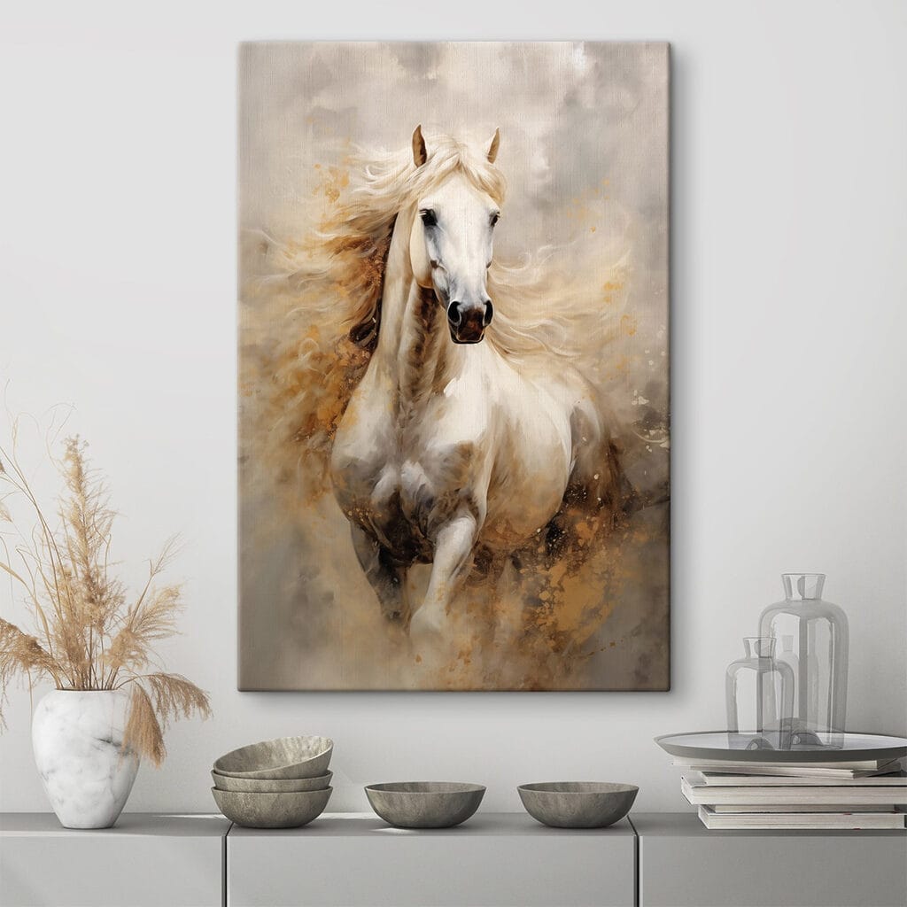 Painting of a white horse with a long mane