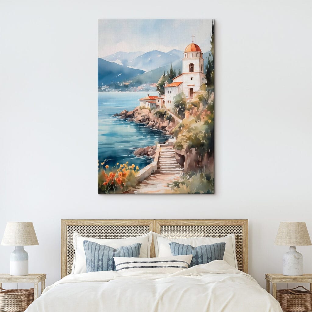 Watercolor painting of a building on a cliff by a body of water Watercolor painting of a building on a cliff by a body of water