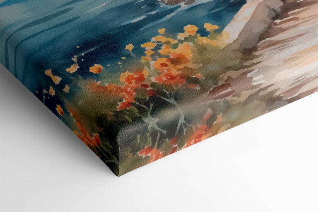 Watercolor painting of a building on a cliff by a body of water Watercolor painting of a building on a cliff by a body of water