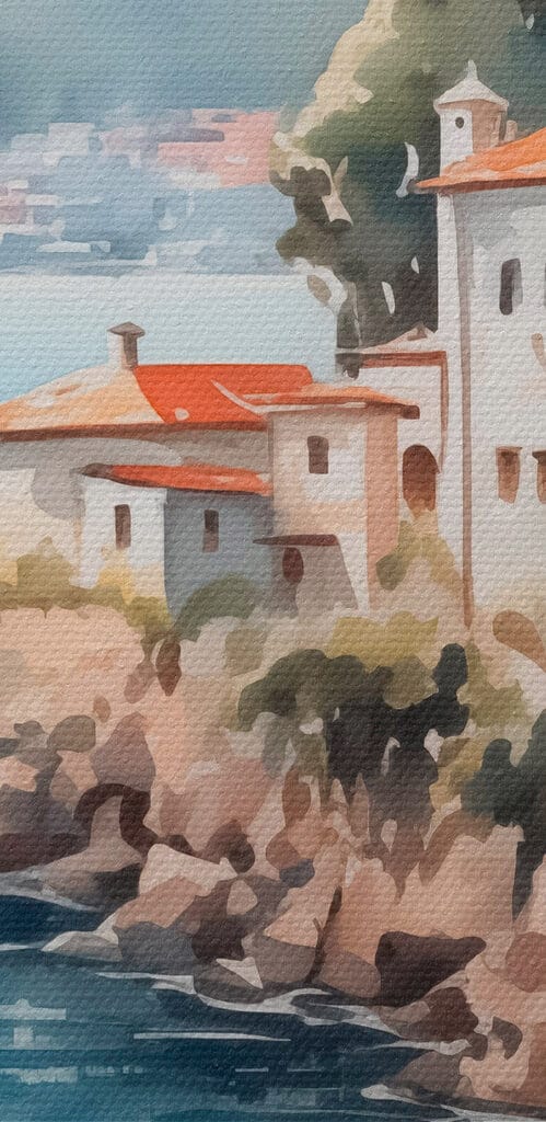 Watercolor painting of a building on a cliff by a body of water Watercolor painting of a building on a cliff by a body of water