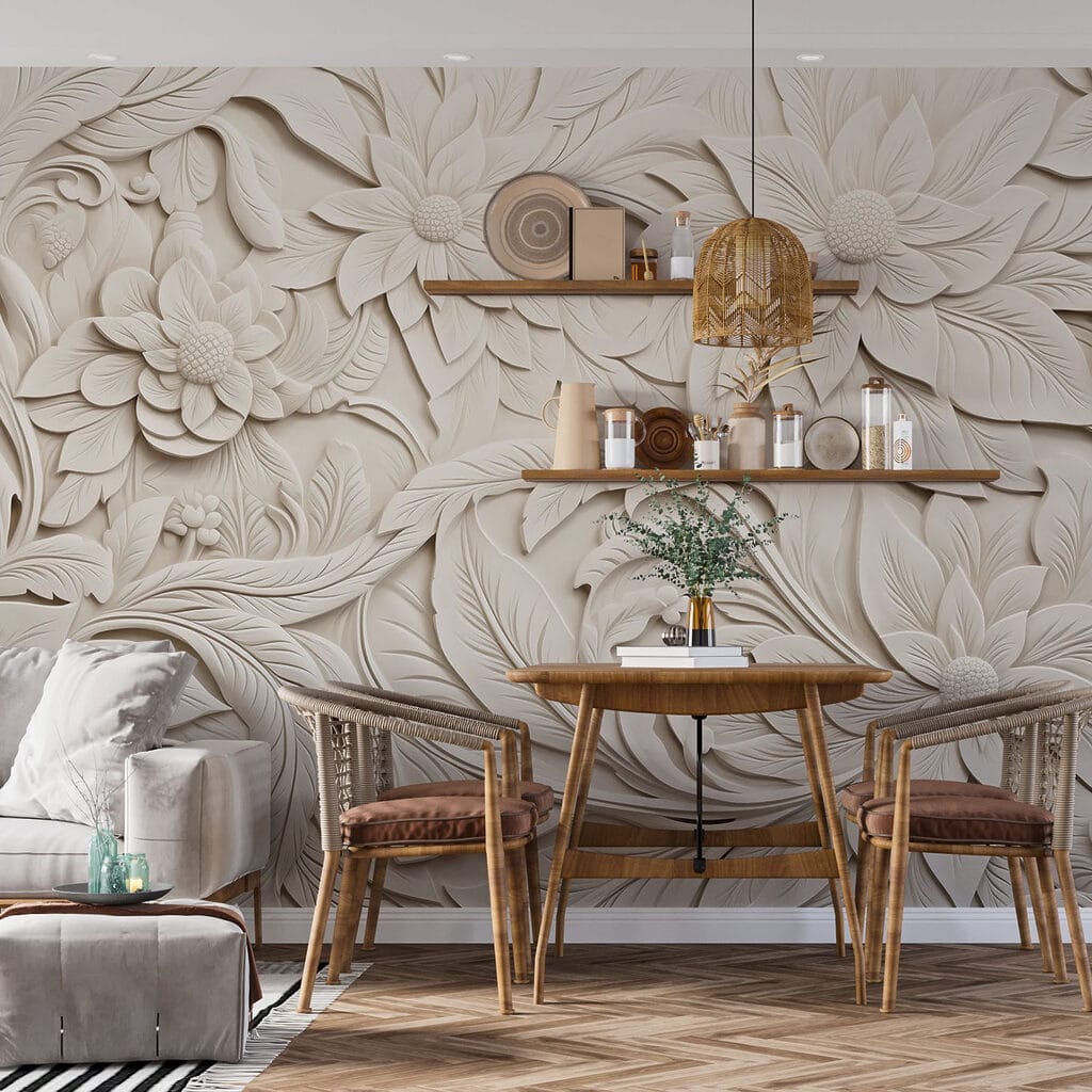 White wall with flowers and leaves