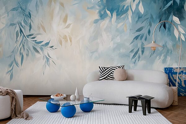 Blue and white background with leaves