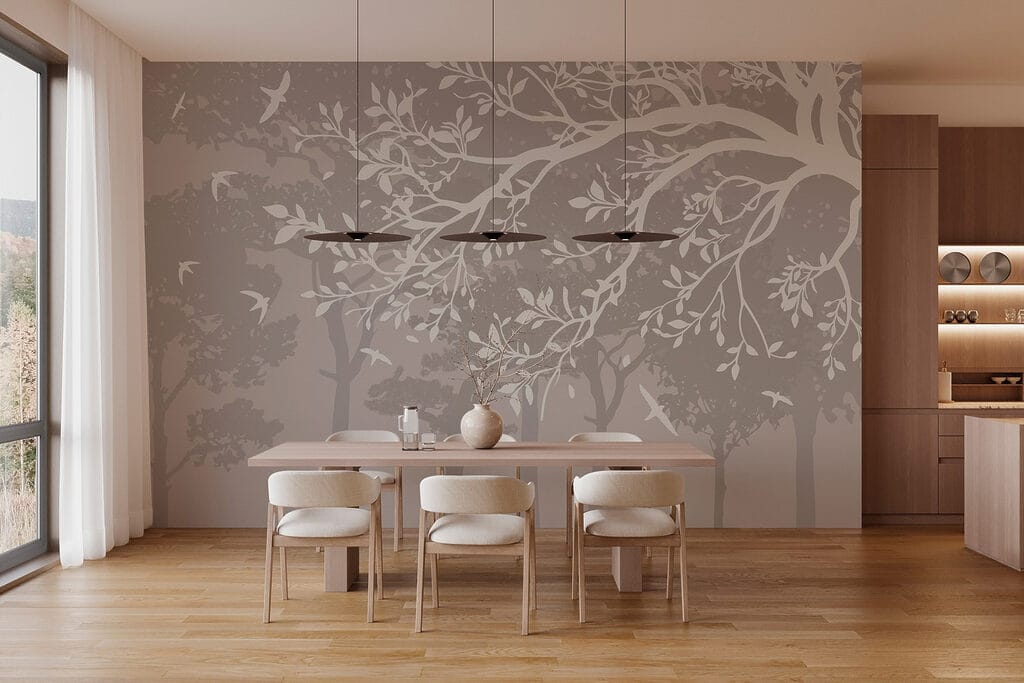 Group of trees with birds flying