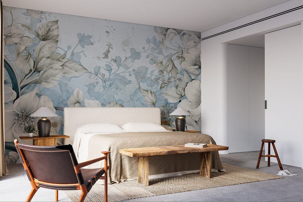 Wallpaper with flowers and leaves