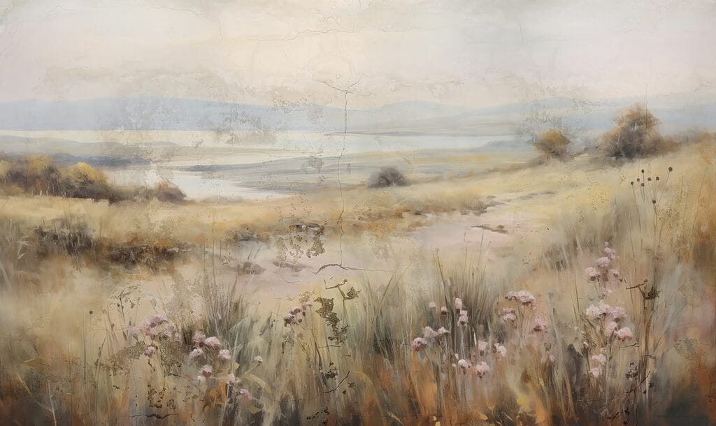 Painting of a field with flowers and a lake Painting of a field with flowers and a lake