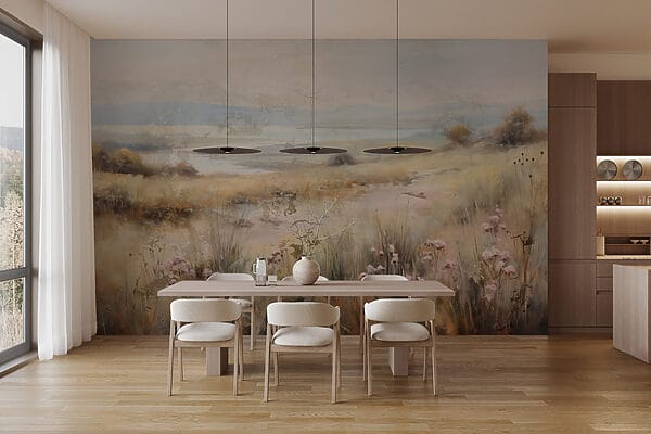 Painting of a field with flowers and a lake Painting of a field with flowers and a lake