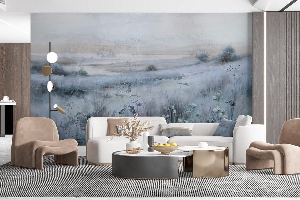 Painting of a field of grass and a river