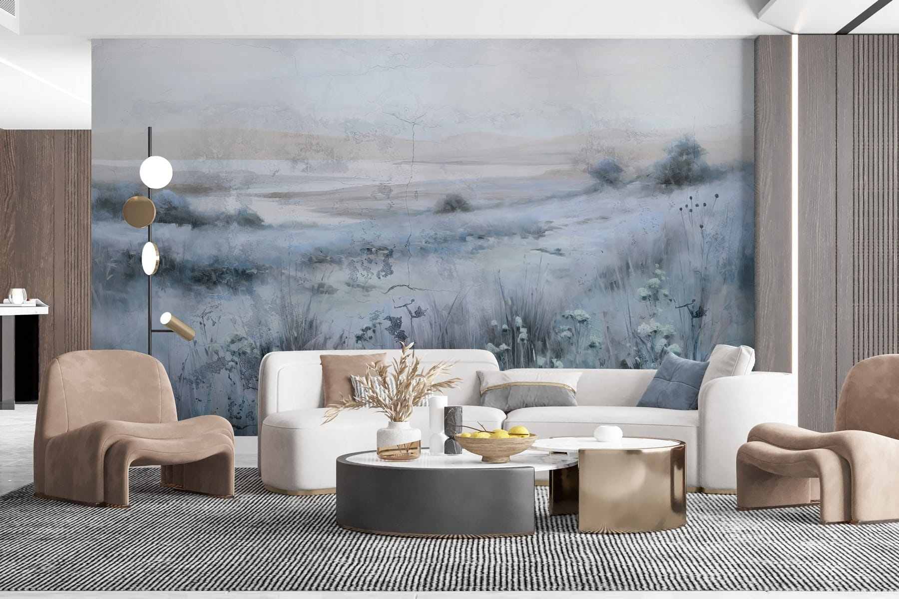 Painting of a field of grass and a river