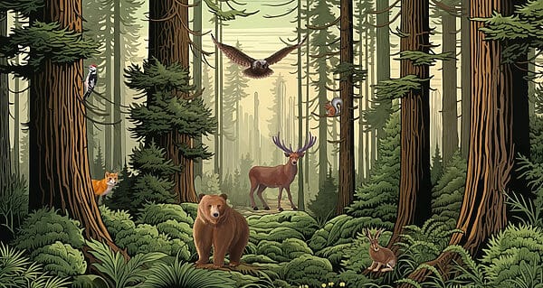 Pădure cu animale și păsări Pădure cu animale și păsări
