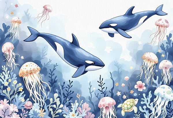 Balenă și țestoasă înotând în ocean Balenă și țestoasă înotând în ocean