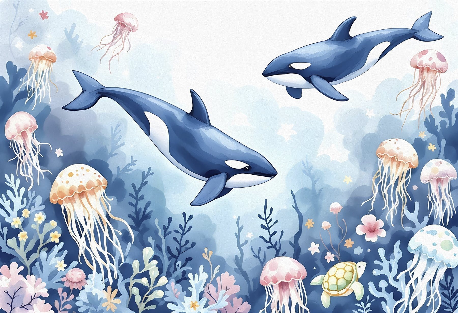 Whale and turtle swimming in the ocean