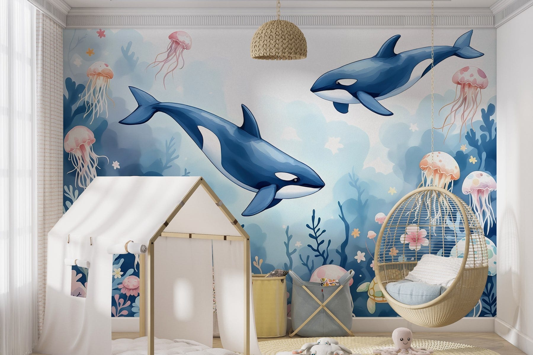 Whale and turtle swimming in the ocean