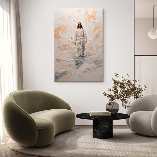 Painting of a man in a robe standing in water