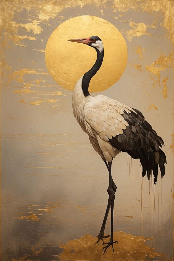 Elegant crane beneath a large sun Elegant crane beneath a large sun