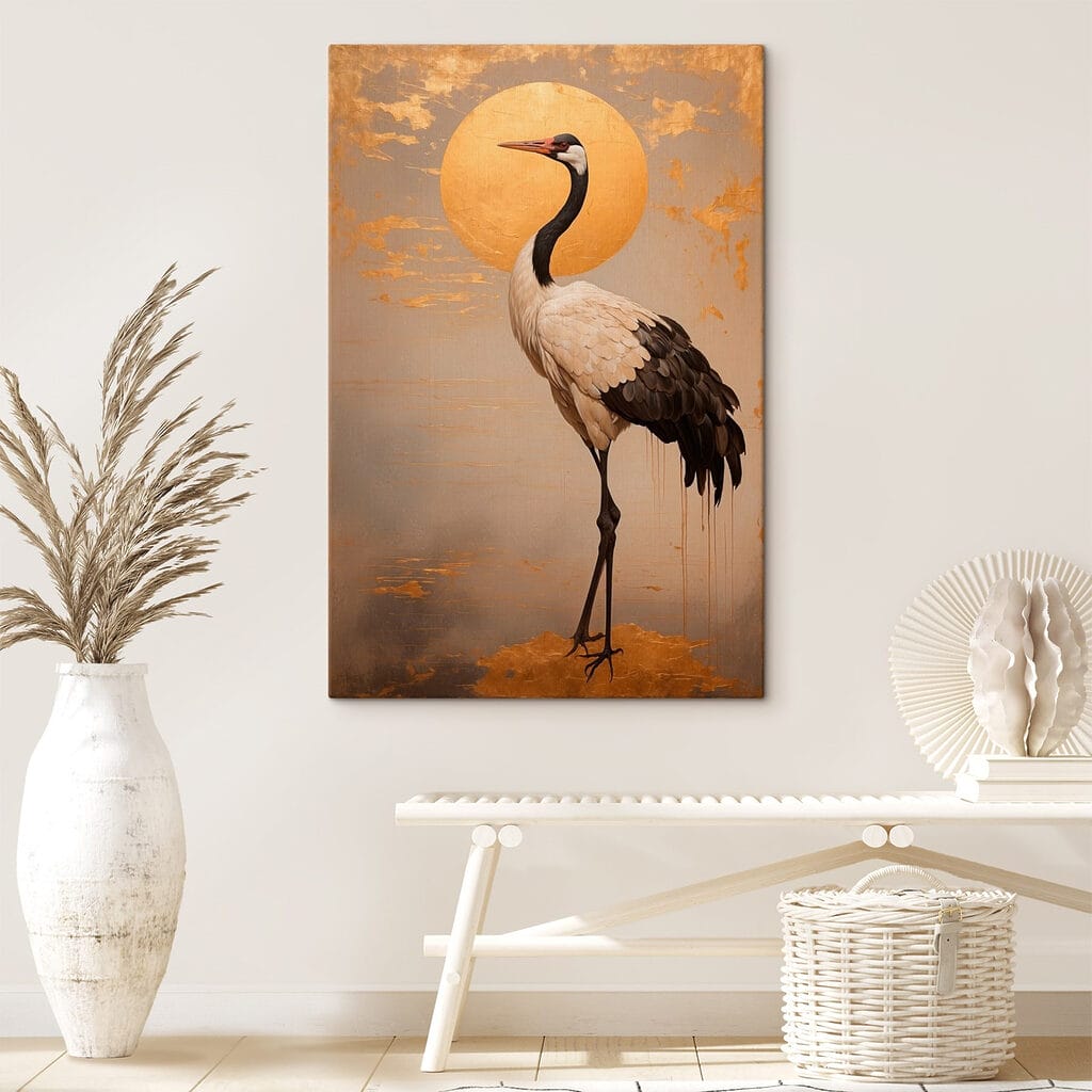 Elegant crane beneath a large sun Elegant crane beneath a large sun