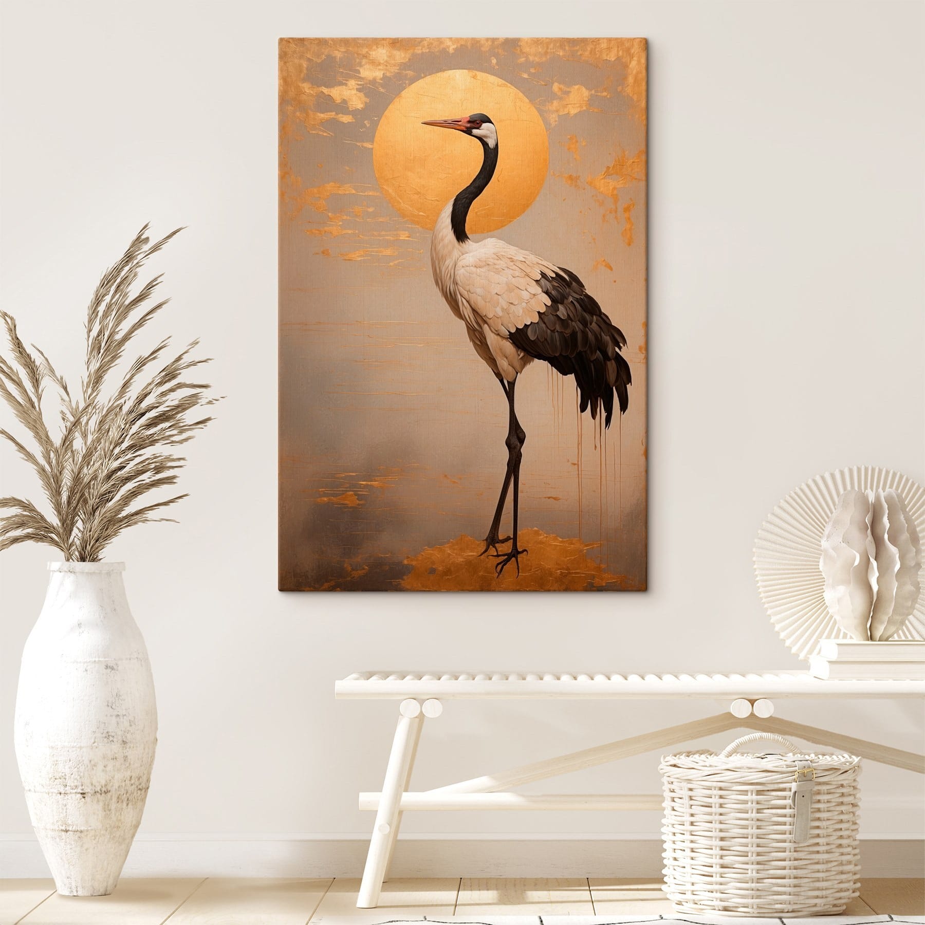 Elegant crane beneath a large sun Elegant crane beneath a large sun