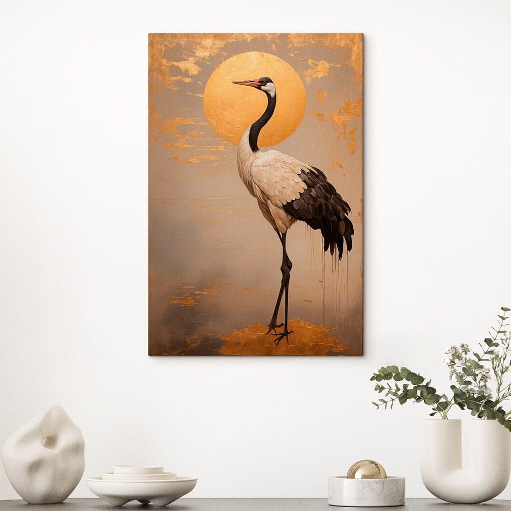 Elegant crane beneath a large sun Elegant crane beneath a large sun
