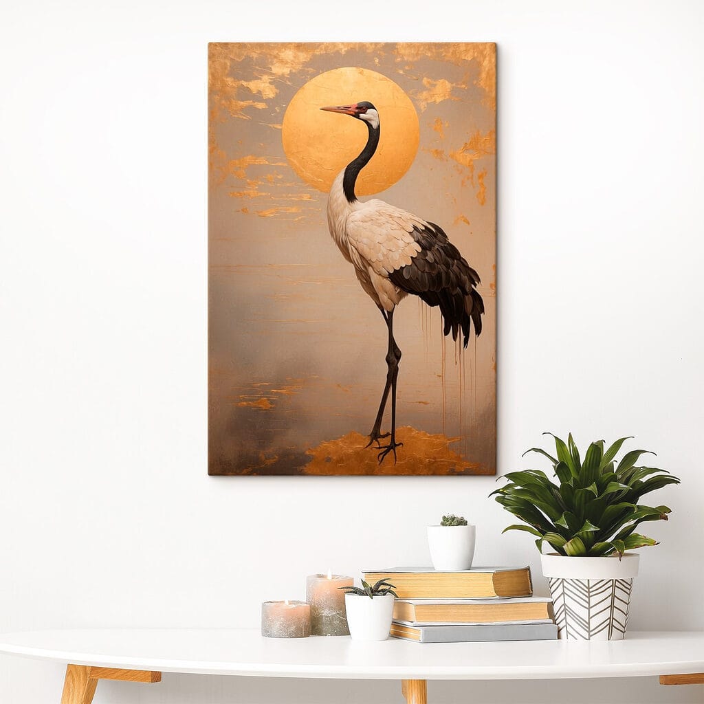 Elegant crane beneath a large sun Elegant crane beneath a large sun