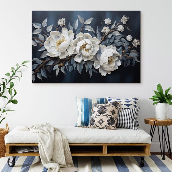 White flowers and leaves on a blue background White flowers and leaves on a blue background