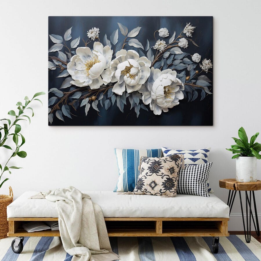 White flowers and leaves on a blue background White flowers and leaves on a blue background