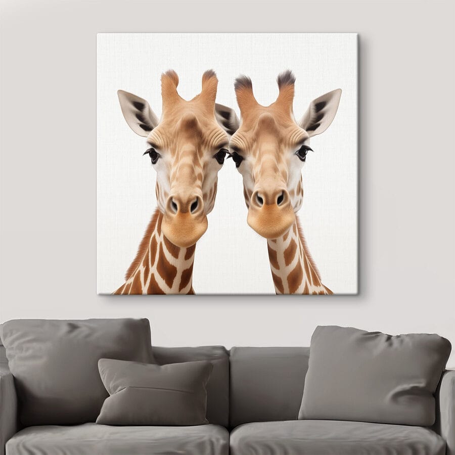 Două girafe se uită la cameră