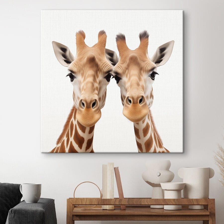 Două girafe se uită la cameră
