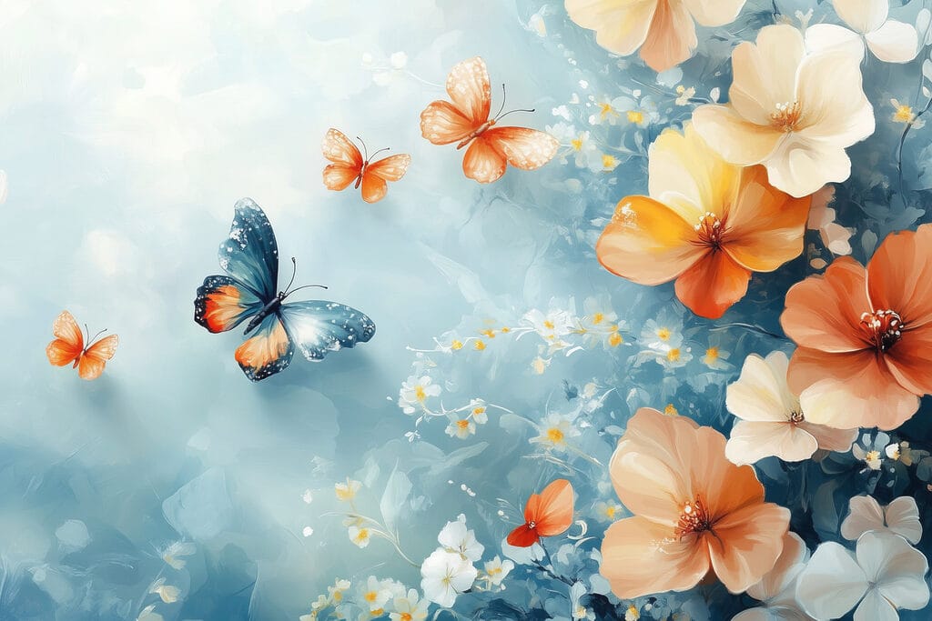 Butterflies and flowers on a blue background