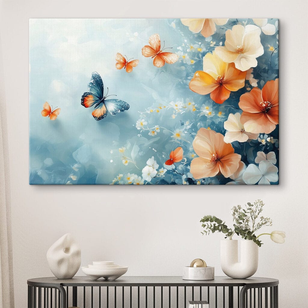 Butterflies and flowers on a blue background