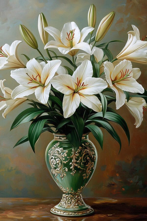 Pictura unui vas de flori albe Pictura unui vas de flori albe