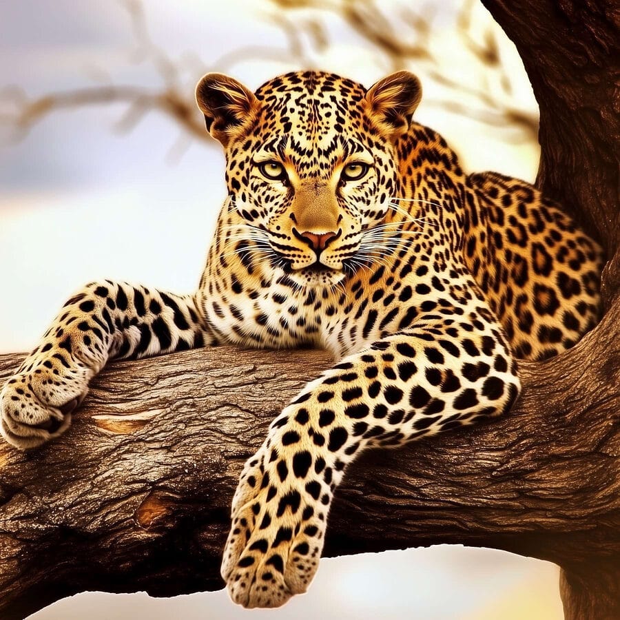 Leopard întins pe o creangă de copac