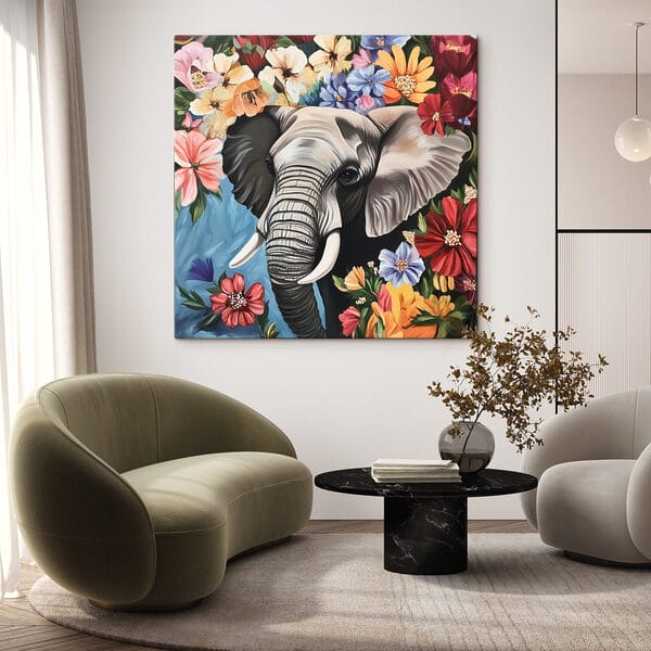 Tablouri Un elefant cu colți într-o grădină de flori (SKU: s42990) Tablouri Tablouri Un elefant cu colți într-o grădină de flori (SKU: s42990)