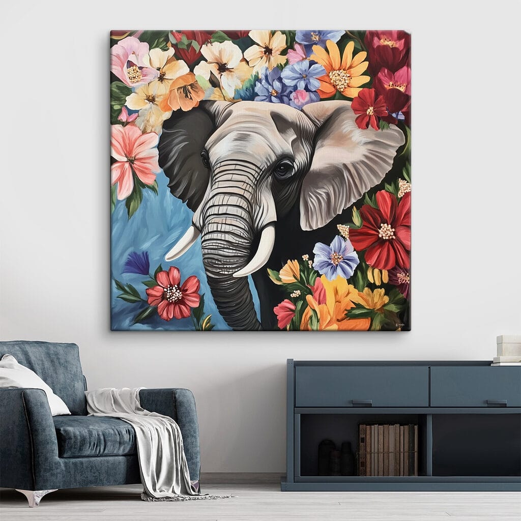 An elephant with tusks in a flower garden An elephant with tusks in a flower garden