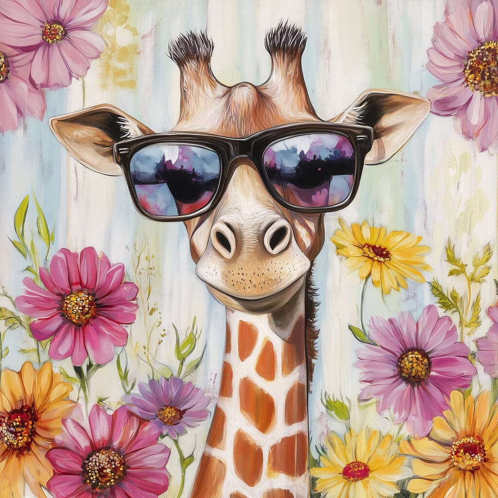 Giraffe wearing sunglasses and flowers