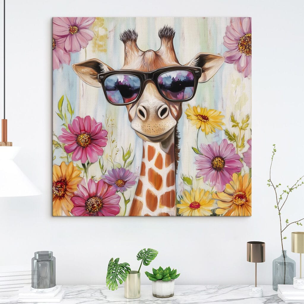 Giraffe wearing sunglasses and flowers