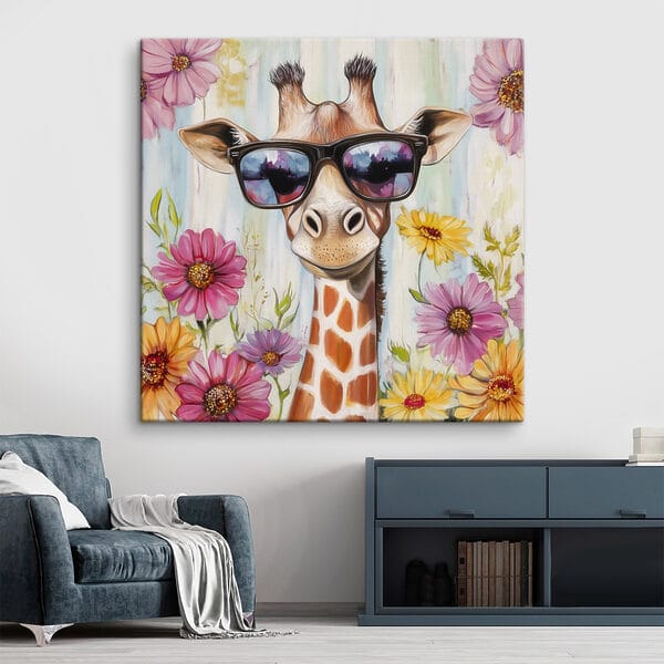 Girafă purtând ochelari de soare și flori Girafă purtând ochelari de soare și flori