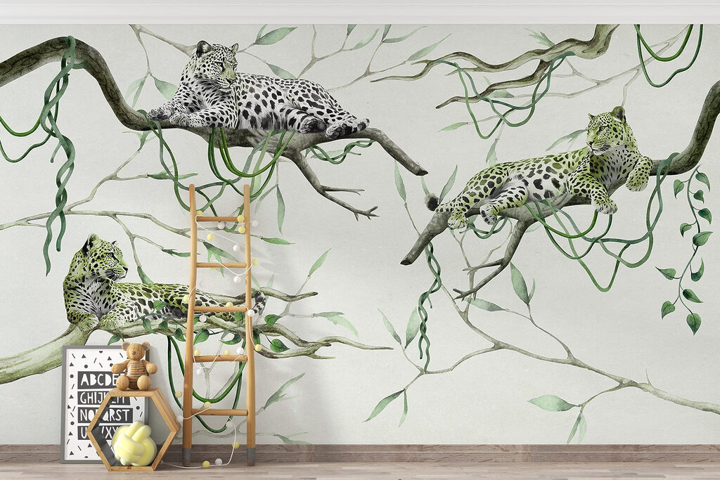 Group of leopards lying on branches Group of leopards lying on branches
