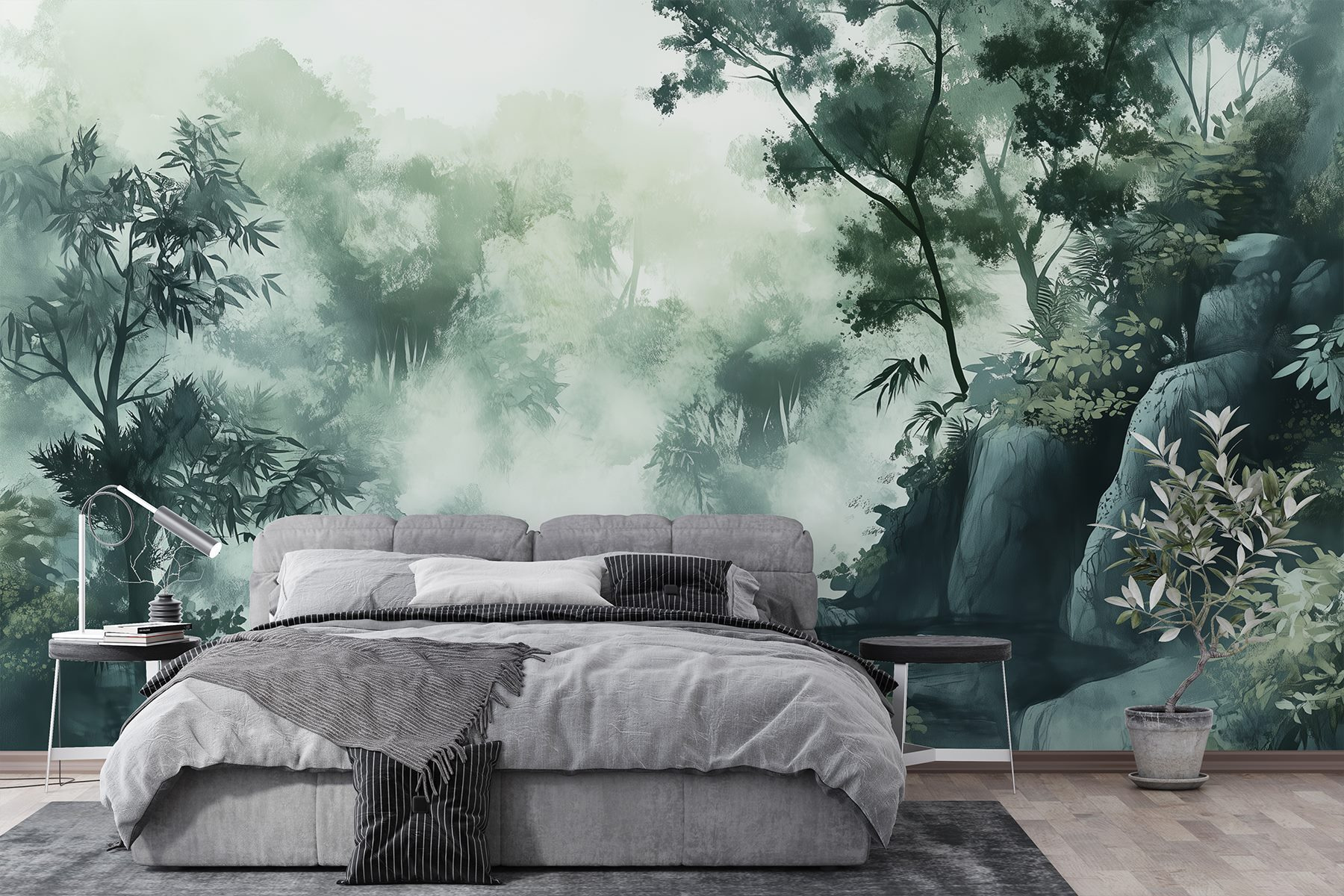 Foggy forest with trees and rocks